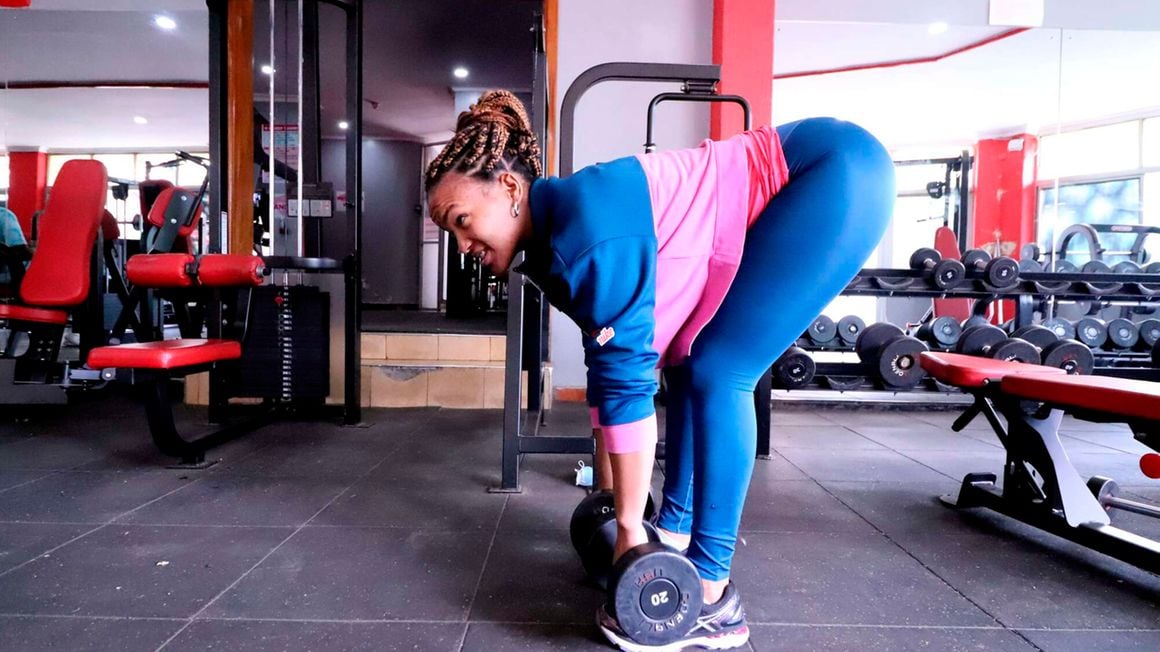 Evelyn Sally Kamau doing a Romanian stiff-leg deadlift during her training session at Avi Fitness on October 21, 2021. 