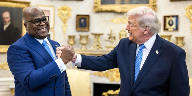 US President Donald Trump shakes hands with the President of the Democratic Republic of the Congo Felix Tshisekedi